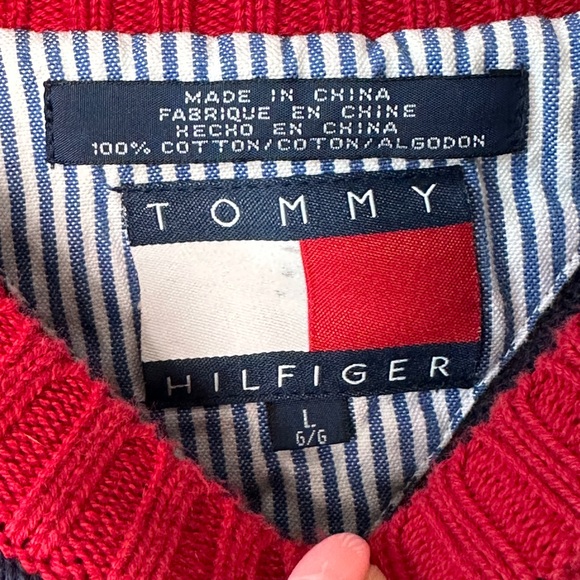 Vintage Tommy Hilfiger Rugby Style Red & Navy Striped Crewneck Sweater Size L - Picture 5 of 5